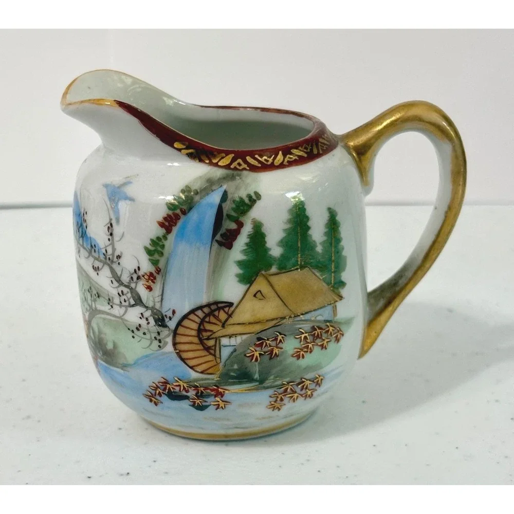Vintage Japanese Hand Painted Porcelain Creamer and Sugar Bowl Set Waterfall